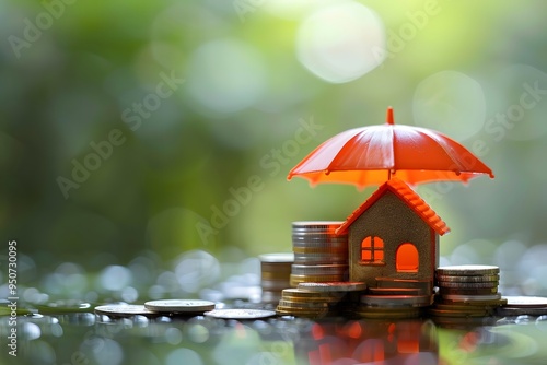 Wallpaper Mural Protecting Your Investment: A Model House Under an Umbrella Surrounded by Coins Torontodigital.ca