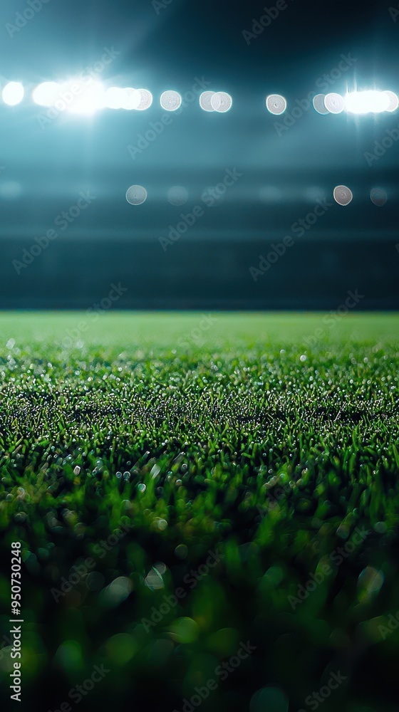 Fototapeta premium Illuminated Green Grass Field in Stadium under Bright Lights with Dark Background