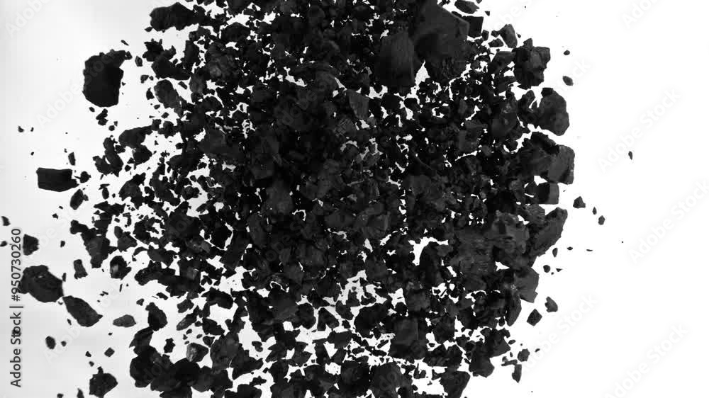 Super Slow Motion of Flying Black Coal Particles. Filmed on High Speed Cinema Camera, 1000fps. Isolated on White Background.
