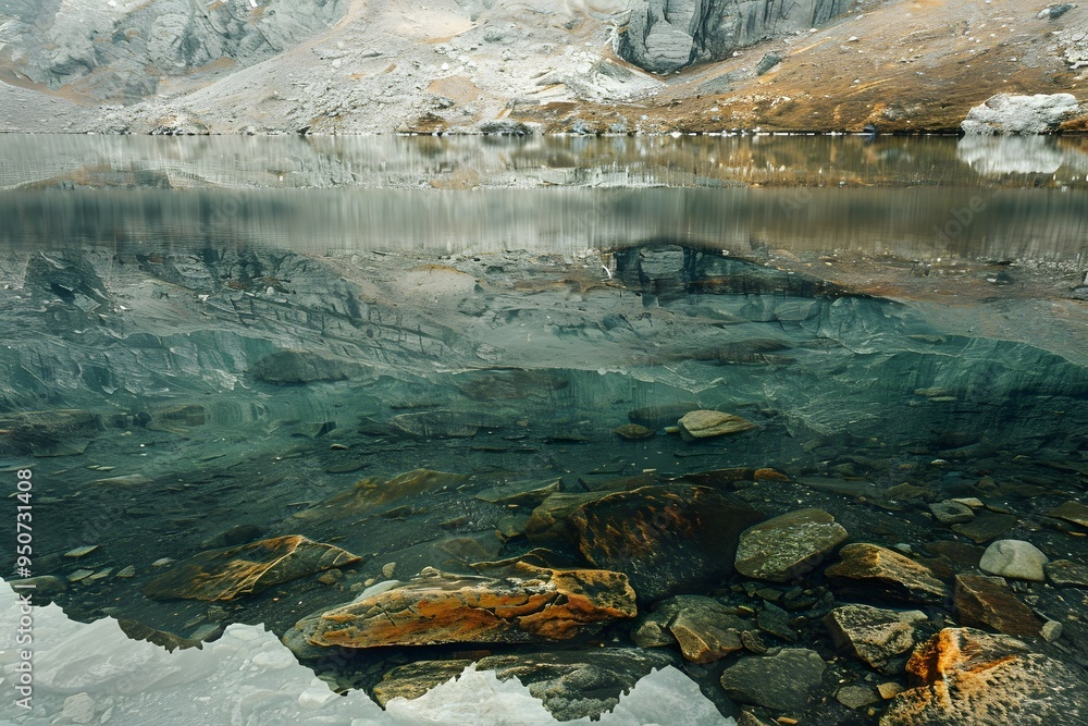 Fototapeta premium Tranquil Mountain Lake with Crystal Clear Waters and Rocky Bottom