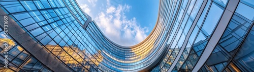 Curved Glass Facade of Modern Building with Sky Reflections