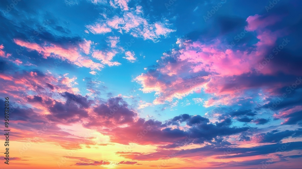 Obraz premium Majestic Sunset Sky with Vibrant Colorful Clouds Reflecting Last Light of Day