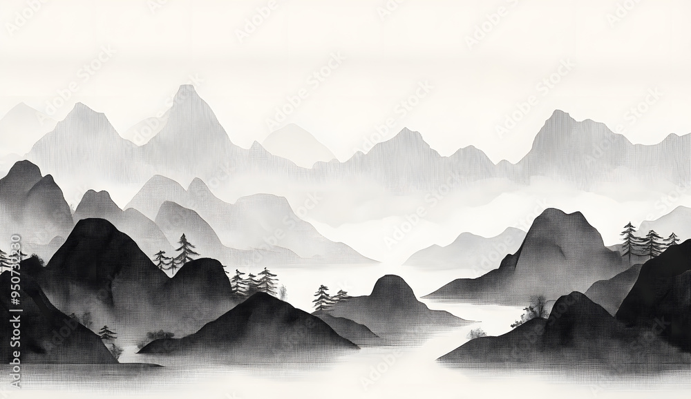 There is an option to purchase a wallpaper that depicts a modern Chinese landscape drawing There is an option to purchase a wallpaper that depicts a modern Chinese landscape drawing