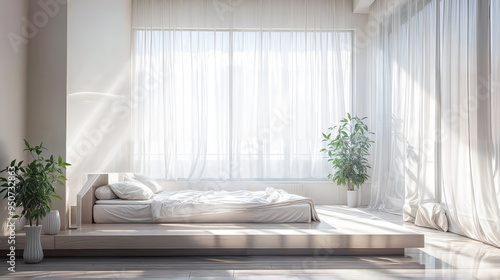 Modern minimalist bedroom with large windows natural lighting houseplant serene peaceful interior design bedding home decor