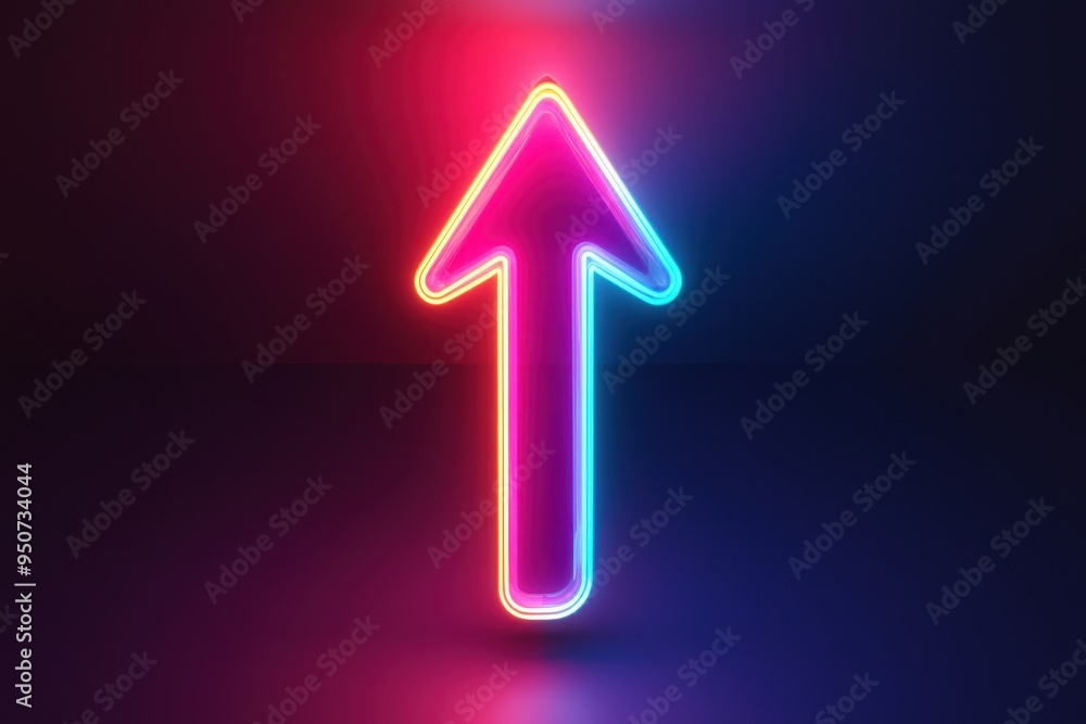 Illuminated Neon Arrow Pointing Upwards on Dark Gradient Background Illuminated Neon Arrow Pointing Upwards on Dark Gradient Background
