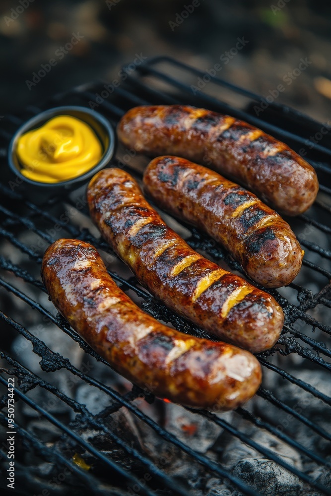 Delicious Grilled Sausages with Mustard on a Barbecue Grill Delicious Grilled Sausages with Mustard on a Barbecue Grill
