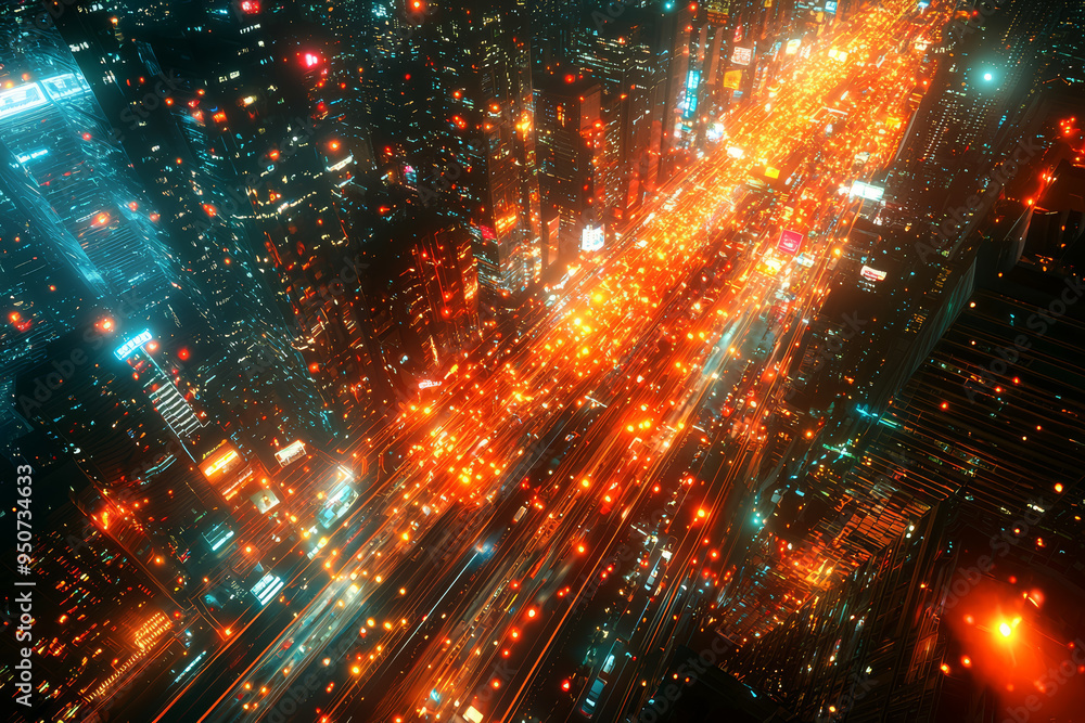 Fototapeta premium An overhead image of a bustling cityscape at night, with illuminated streets forming a network of glowing lines and patterns. Concept of urban energy and city lights.