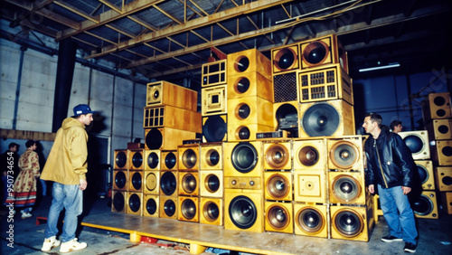 Geometric soundsystem with powerful speakers dominating warehouse party space