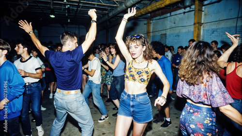 Joyous group of friends dancing carefree at summer music festival