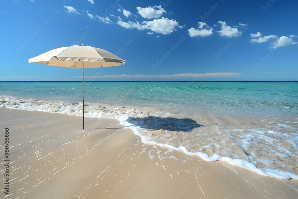 Serene Beach Scene with Umbrella and Gentle Waves Serene Beach Scene with Umbrella and Gentle Waves