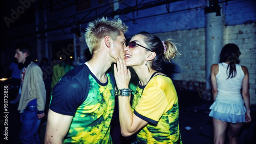 Intimate moment of ravers whispering secrets amid vibrant neon-lit warehouse party