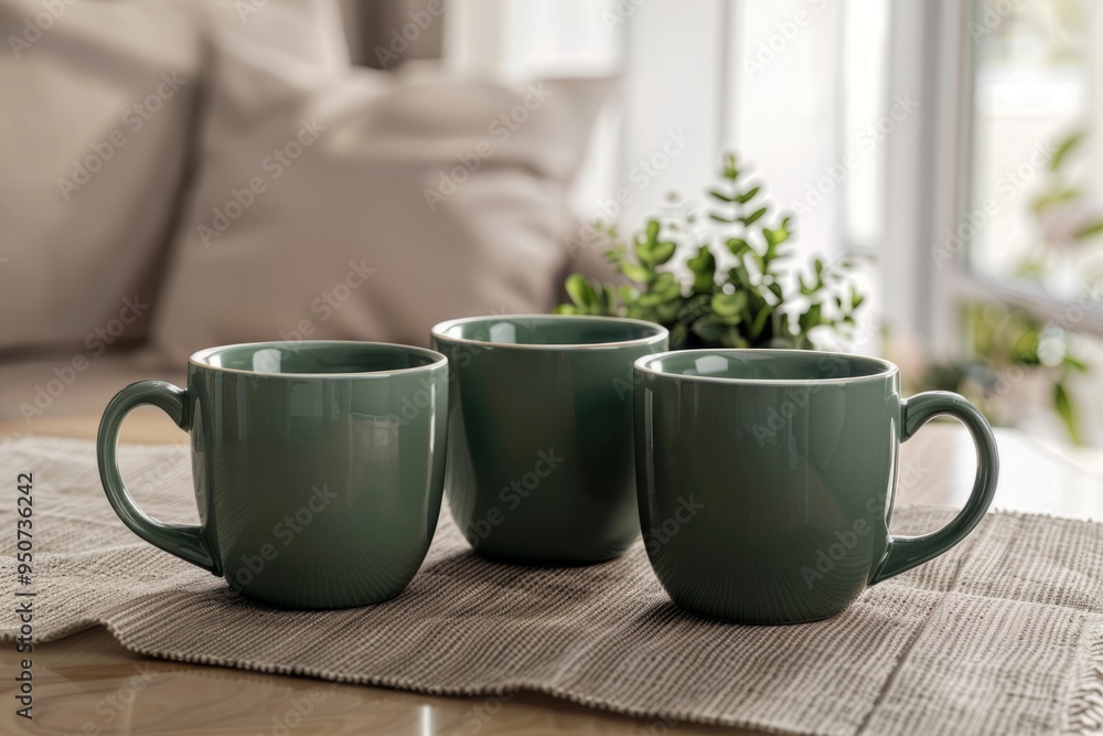Three matching green ceramic coffee cups placed on a beige woven mat in a cozy living room setting with blurred background, featuring cushions and indoor plants. Three matching green ceramic coffee cups placed on a beige woven mat in a cozy living room setting with blurred background, featuring cushions and indoor plants.