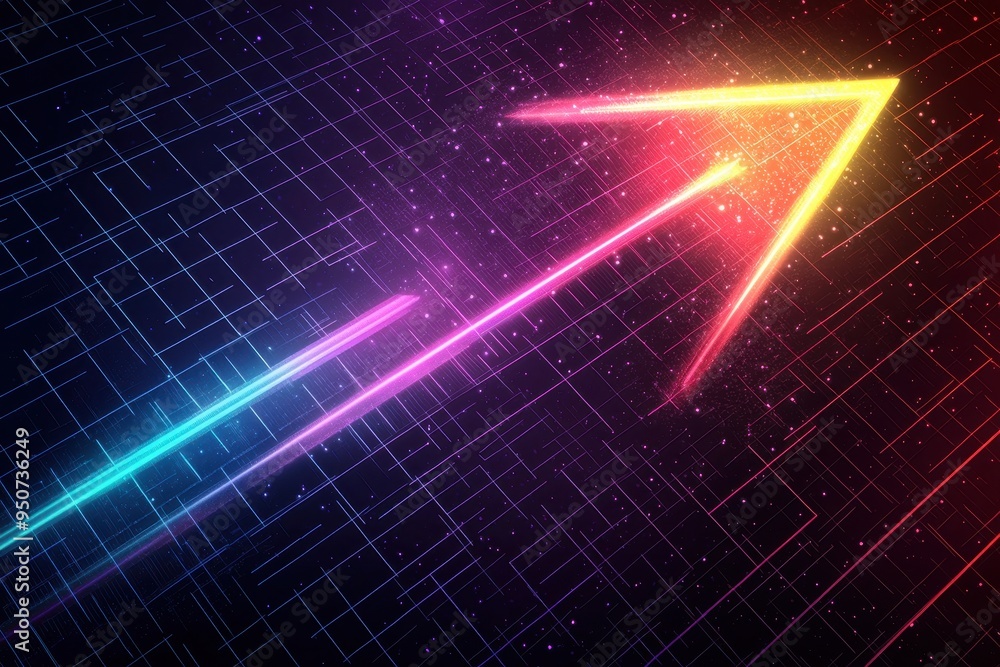 Futuristic Neon Arrow on Dark Grid Pattern - Glowing Gradient Light Symbolizing Innovation and Progress Futuristic Neon Arrow on Dark Grid Pattern - Glowing Gradient Light Symbolizing Innovation and Progress