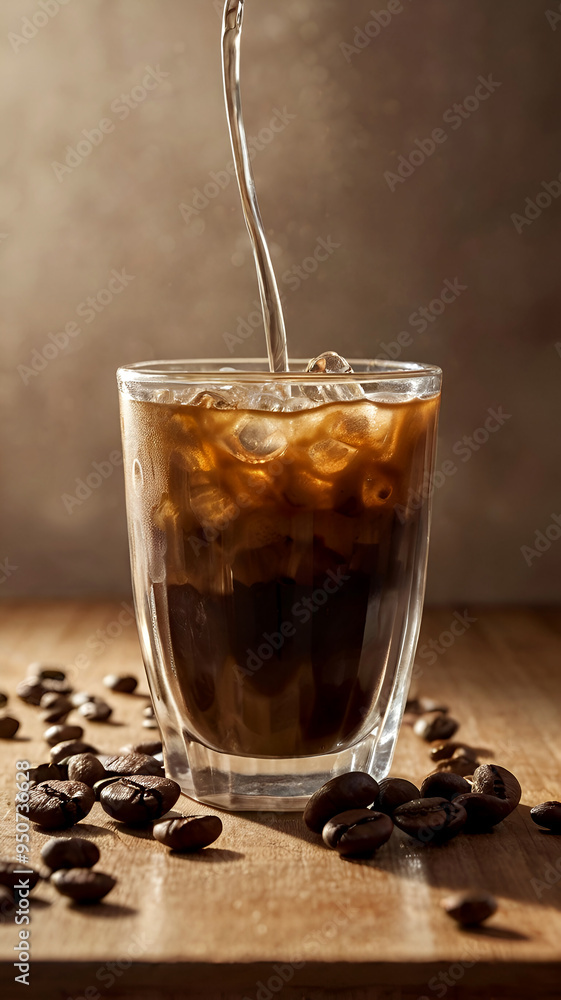 A cool iced coffee cup sits on a warm wooden table surrounded by a few coffee beans and a sugar cube against a soft, creamy background that evokes the feeling of the morning sun. A cool iced coffee cup sits on a warm wooden table surrounded by a few coffee beans and a sugar cube against a soft, creamy background that evokes the feeling of the morning sun.
