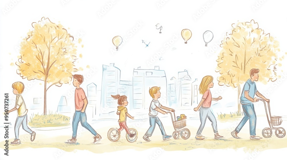 Fototapeta premium Hand-drawn family walking in park with children playing and parents strolling by trees on a sunny day