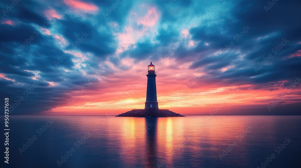 Majestic Lighthouse Illuminates Stormy Sunset Sky in Vibrant Hues of Blue, Orange, and Pink Majestic Lighthouse Illuminates Stormy Sunset Sky in Vibrant Hues of Blue, Orange, and Pink