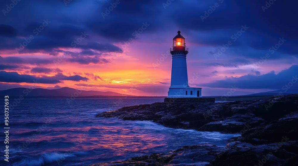 Majestic Lighthouse Illuminates Stormy Sunset Sky in Vibrant Hues of Blue, Orange, and Pink Majestic Lighthouse Illuminates Stormy Sunset Sky in Vibrant Hues of Blue, Orange, and Pink