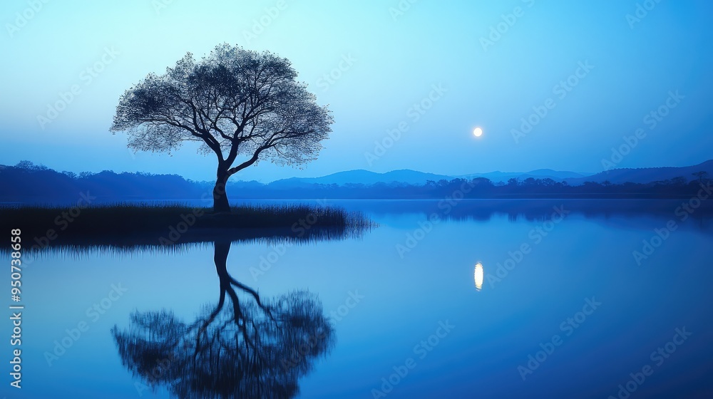 Serene Nightscape: A Lone Tree Reflects Moonlight on Calm Lake Waters, Creating a Tranquil and Mystical Atmosphere Under the Night Sky Serene Nightscape: A Lone Tree Reflects Moonlight on Calm Lake Waters, Creating a Tranquil and Mystical Atmosphere Under the Night Sky