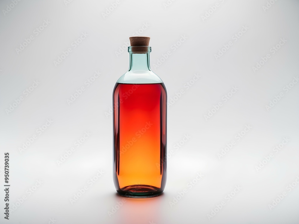 minimalist glass bottle with vibrant orange and blue gradient tones sealed with a wooden cork on a clean white surface showcasing simplicity in a modern and stylish context minimalist glass bottle with vibrant orange and blue gradient tones sealed with a wooden cork on a clean white surface showcasing simplicity in a modern and stylish context