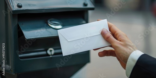 A man s hand retrieving a blank white envelope from a mailbox photo