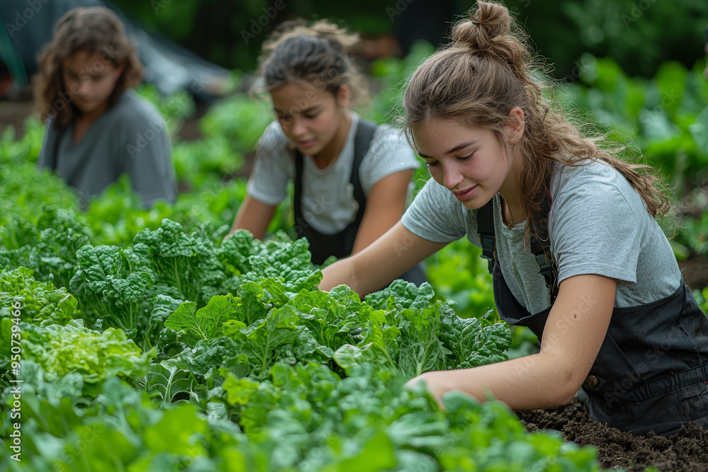 A group of youths volunteering at a community garden, planting and caring for vegetables. Concept of environmental stewardship and teamwork. A group of youths volunteering at a community garden, planting and caring for vegetables. Concept of environmental stewardship and teamwork.