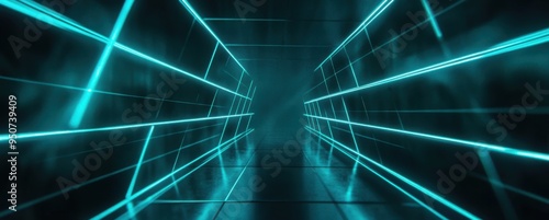 laser beams of teal colored light on a black background