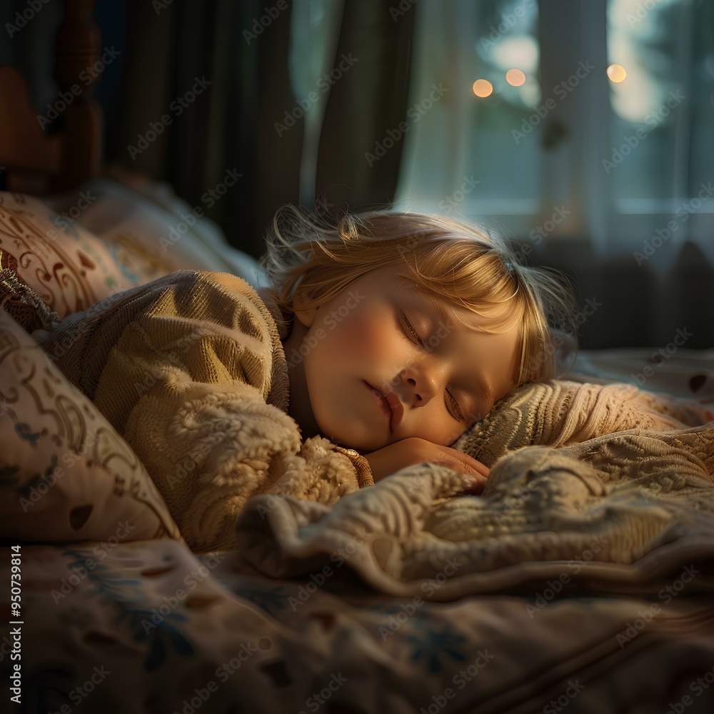 A close up of a child sleeping on a bed A close up of a child sleeping on a bed