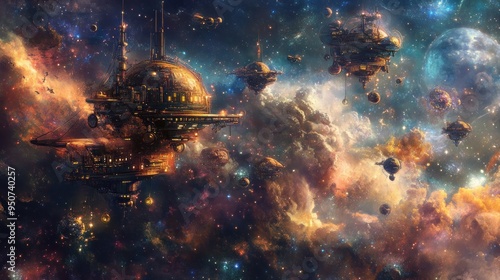 Fototapeta Naklejka Na Ścianę i Meble -  Space Stations Amidst a Starry Nebula