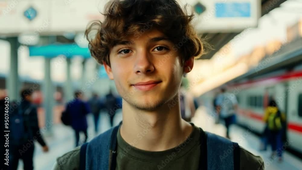 Young traveler standing at a train station, ready to embark on a journey, with a relaxed and confident expression. Young traveler standing at a train station, ready to embark on a journey, with a relaxed and confident expression.