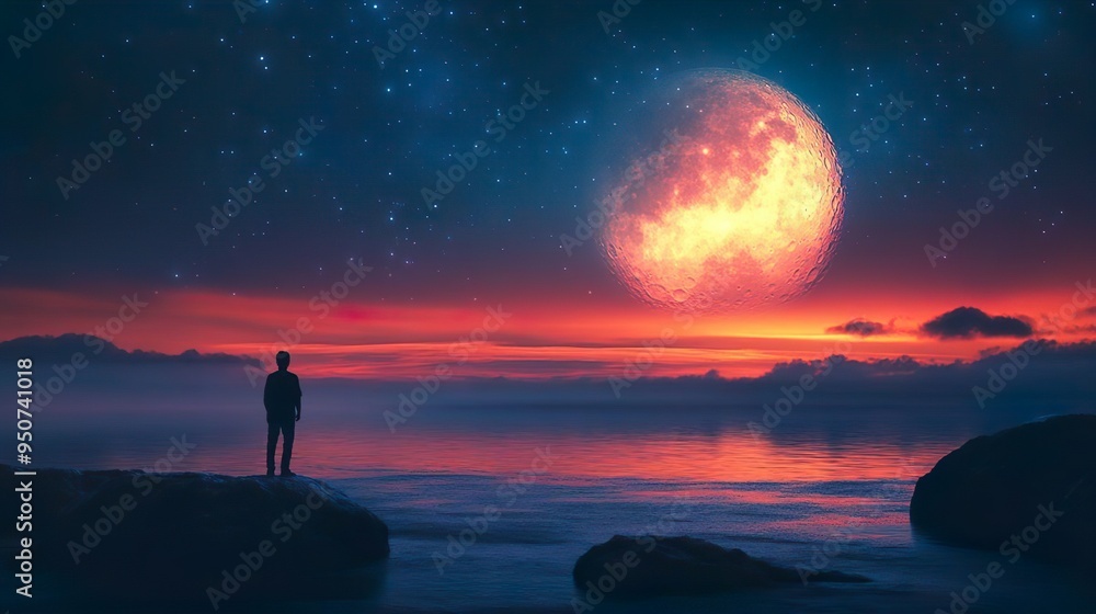 Fototapeta premium Full Moon Illuminates a Dark Midnight Sky with Radiant Light