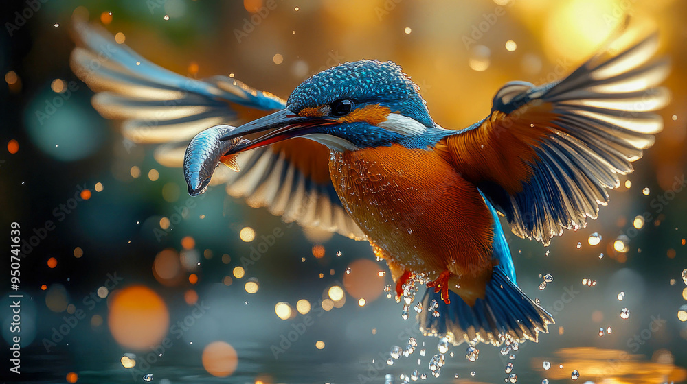 Obraz premium A vibrant kingfisher in mid-flight, clutching a small fish with water droplets trailing behind it