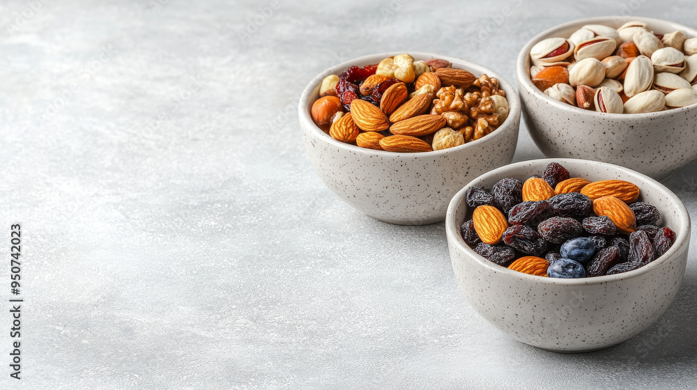 The arrangement of bowls with various dried fruits and nuts on a light background is visually appealing, showcasing a range of colors, textures, and shapes. The arrangement of bowls with various dried fruits and nuts on a light background is visually appealing, showcasing a range of colors, textures, and shapes.