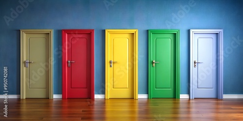Five colorful doors in a row, representing choices and opportunities, with a minimalist interior design.