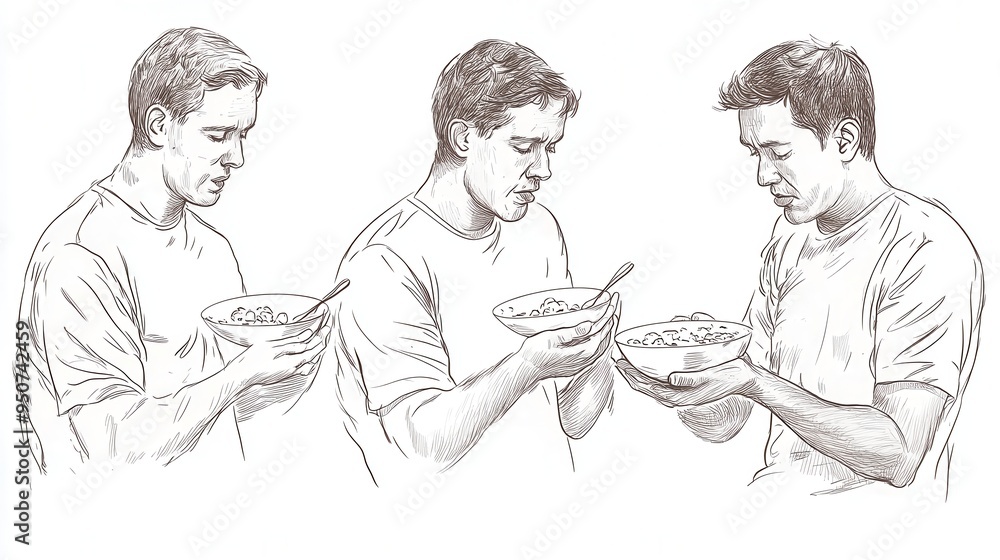 Hand-drawn illustration depicting a man holding a bowl of cereal in three different poses, showcasing contemplation and mindfulness during breakfast Hand-drawn illustration depicting a man holding a bowl of cereal in three different poses, showcasing contemplation and mindfulness during breakfast