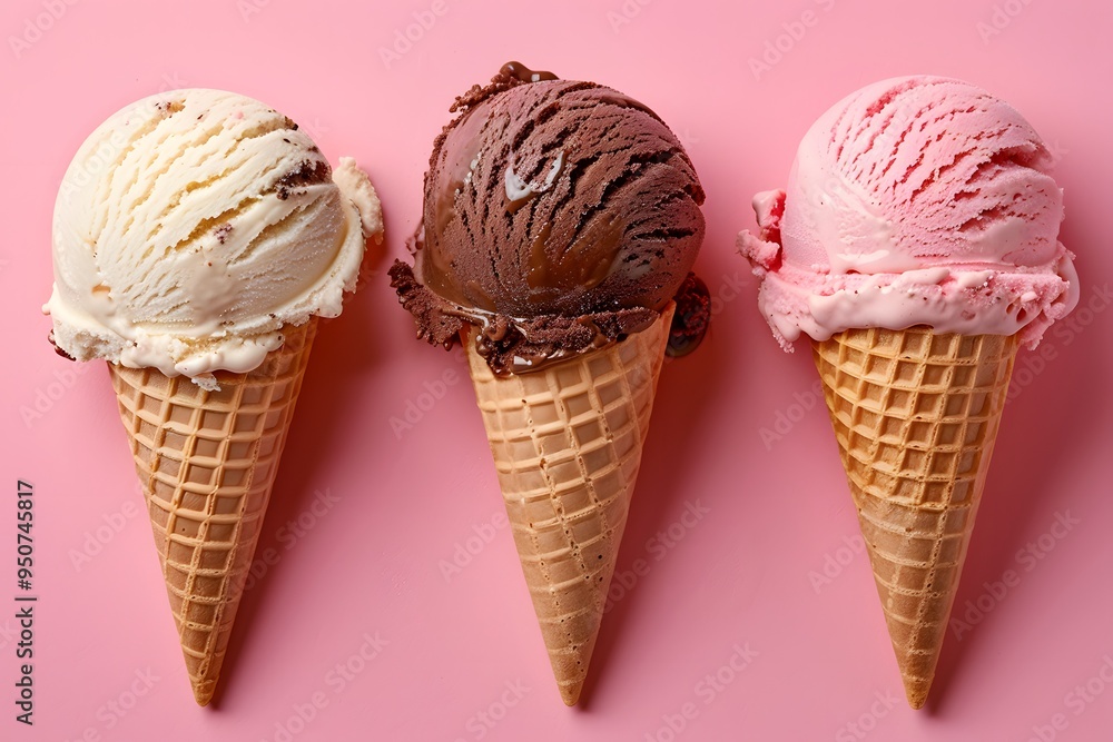 Delicious Ice Cream Cones in Three Tempting Flavors Delicious Ice Cream Cones in Three Tempting Flavors