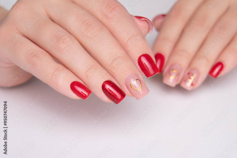 Beautiful female hands with red manicure nails, heart and Valentine's day design
Beautiful female hands with red manicure nails, heart and Valentine's day design