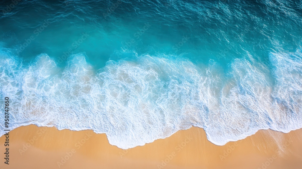 Aerial View of Turquoise Water Crashing on Sandy Beach Aerial View of Turquoise Water Crashing on Sandy Beach