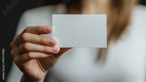 Blank White Card Held by Woman's Hand