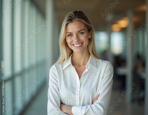 Free Download A confident office manager wearing a white shirt stands in a modern workspace, showcasing professionalism approachability during a busy day at work. Banking, insurance, consulting staff. Generative AI - GFXLoad