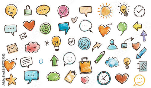 A set of simple multicolored doodles of elements drawn by hand with a marker. Vector illustration highlighted on a white background.