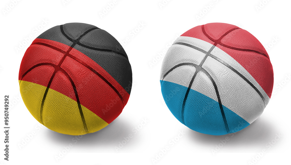 basketball balls with the national flags of luxembourg and germany on the white background. basketball balls with the national flags of luxembourg and germany on the white background.