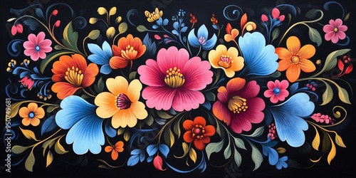 Intricate Norwegian Rosemaling Floral Design on Dark Background