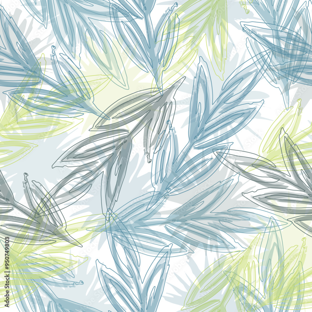 Fototapeta premium Seamless pattern with colored and contour tropical monstera leaves. Nature textile fashion wallpaper print.