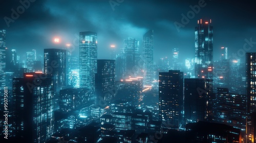 A cityscape at night with neon lights and tall buildings