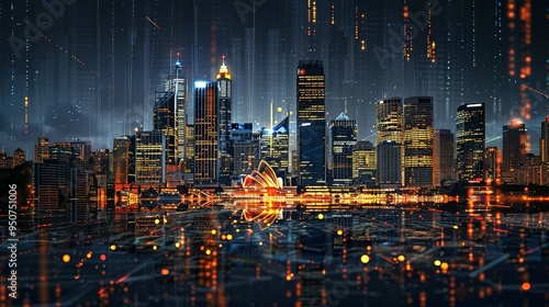 Nighttime cityscape with illuminated skyscrapers and a digital overlay