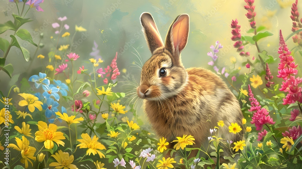 Rabbit in spring surrounded by colorful flowers Rabbit in spring surrounded by colorful flowers
