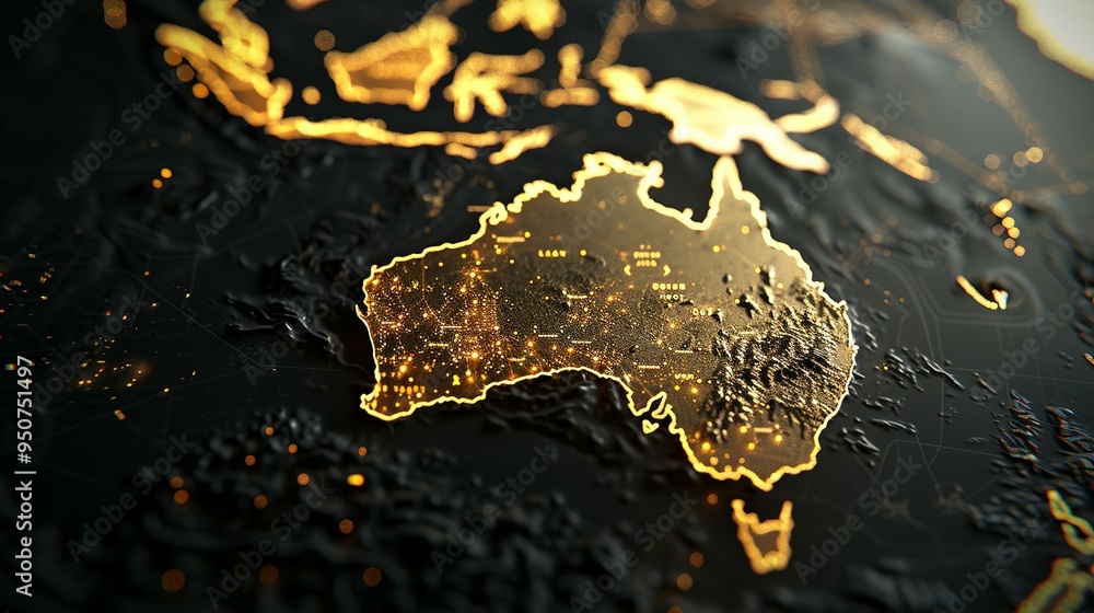 Illuminated Outline of Australia on a Black Globe