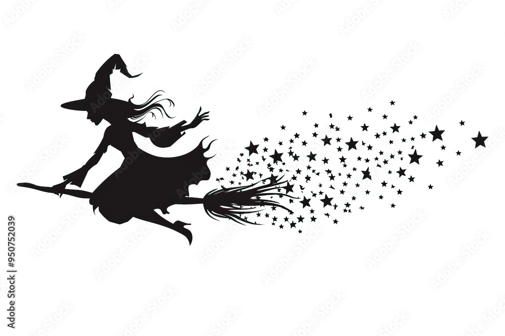 Silhouette of a witch flying on broomstick with trail of stars white background Silhouette of a witch flying on broomstick with trail of stars white background