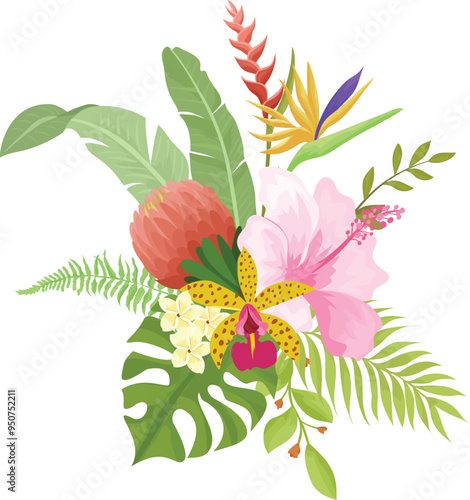 Tropical flower bouquet. Hibiscus. Orchid flowers. and tropical leaves