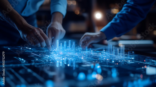 Two hands working on a glowing city model, representing innovation, collaboration, and urban development.